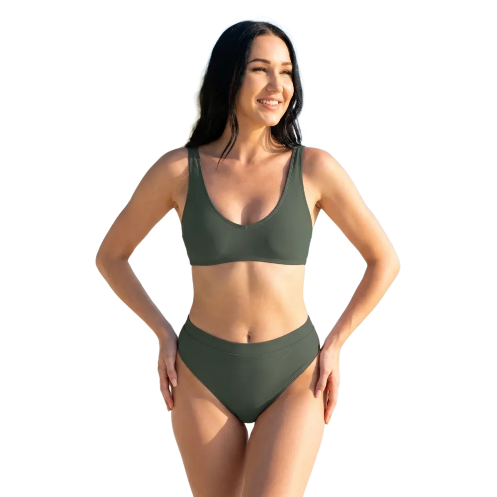 Grauer Damen Bikini Zweiteiler von BUYATHOME24, schnelltrocknend, in XS bis 3XL, zeigt Oberteil und Höschen an.
