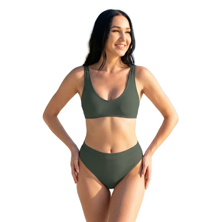 Grauer Damen Bikini Zweiteiler von BUYATHOME24, schnelltrocknend, in XS bis 3XL, zeigt Oberteil und Höschen an.