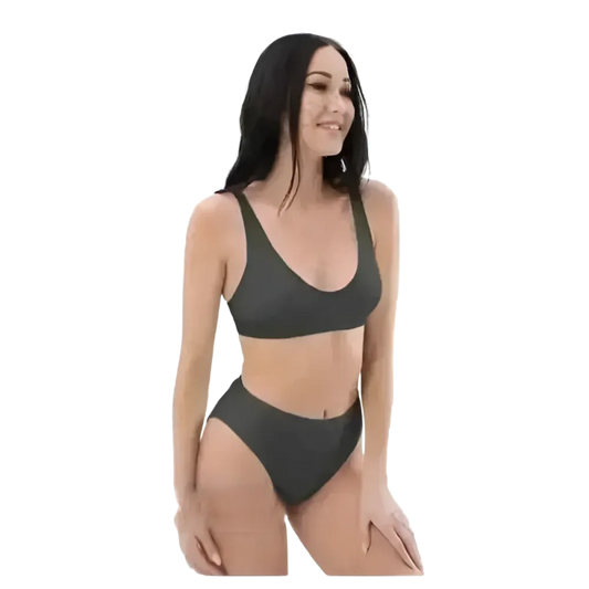 Grauer Damen Bikini Zweiteiler von BUYATHOME24, schnelltrocknend, in XS bis 3XL, zeigt das Oberteil und Hosenstück aus Badebekleidung