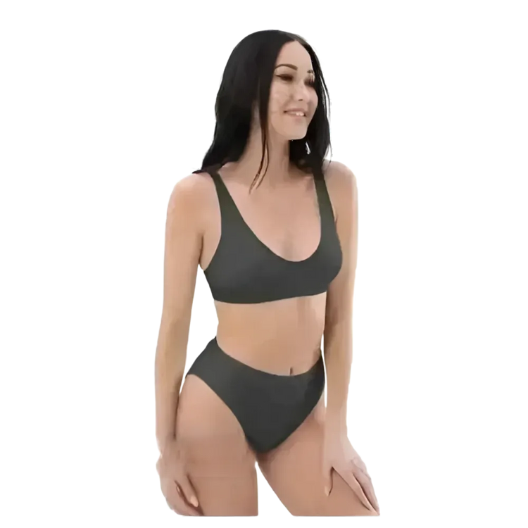 Grauer Damen Bikini Zweiteiler von BUYATHOME24, schnelltrocknend, in XS bis 3XL, zeigt das Oberteil und Hosenstück aus Badebekleidung