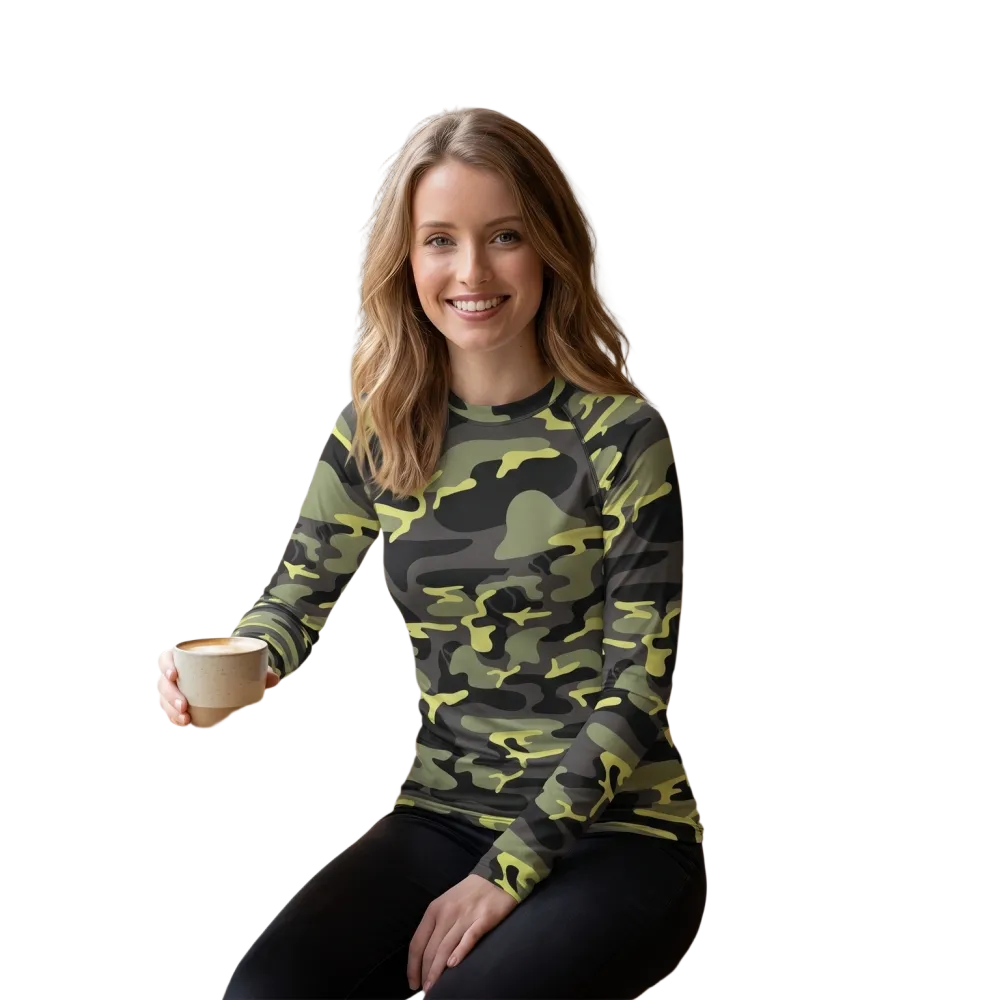 Grünes Camouflage-Sporttop für Damen, langarmiges Sportshirt in XS bis 3XL, bequemes Fitness- und Trainingsshirt