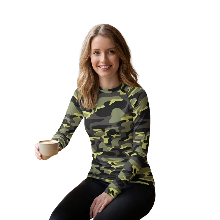 Grünes Camouflage-Sporttop für Damen, langarmiges Sportshirt in XS bis 3XL, bequemes Fitness- und Trainingsshirt