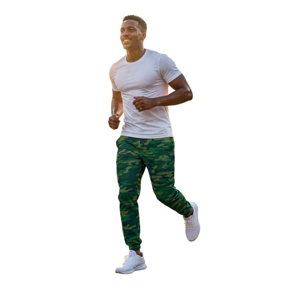 Grüne Camouflage-Unisex-Trainingshose aus Polyester, atmungsaktiv und bequem, in XS bis 3XL, sportliche Freizeit- und Trainingshose