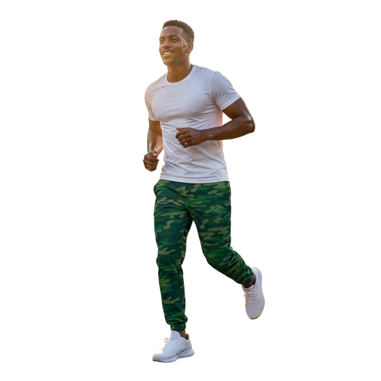 Grüne Camouflage-Unisex-Trainingshose aus Polyester, atmungsaktiv und bequem, in XS bis 3XL, sportliche Freizeit- und Trainingshose