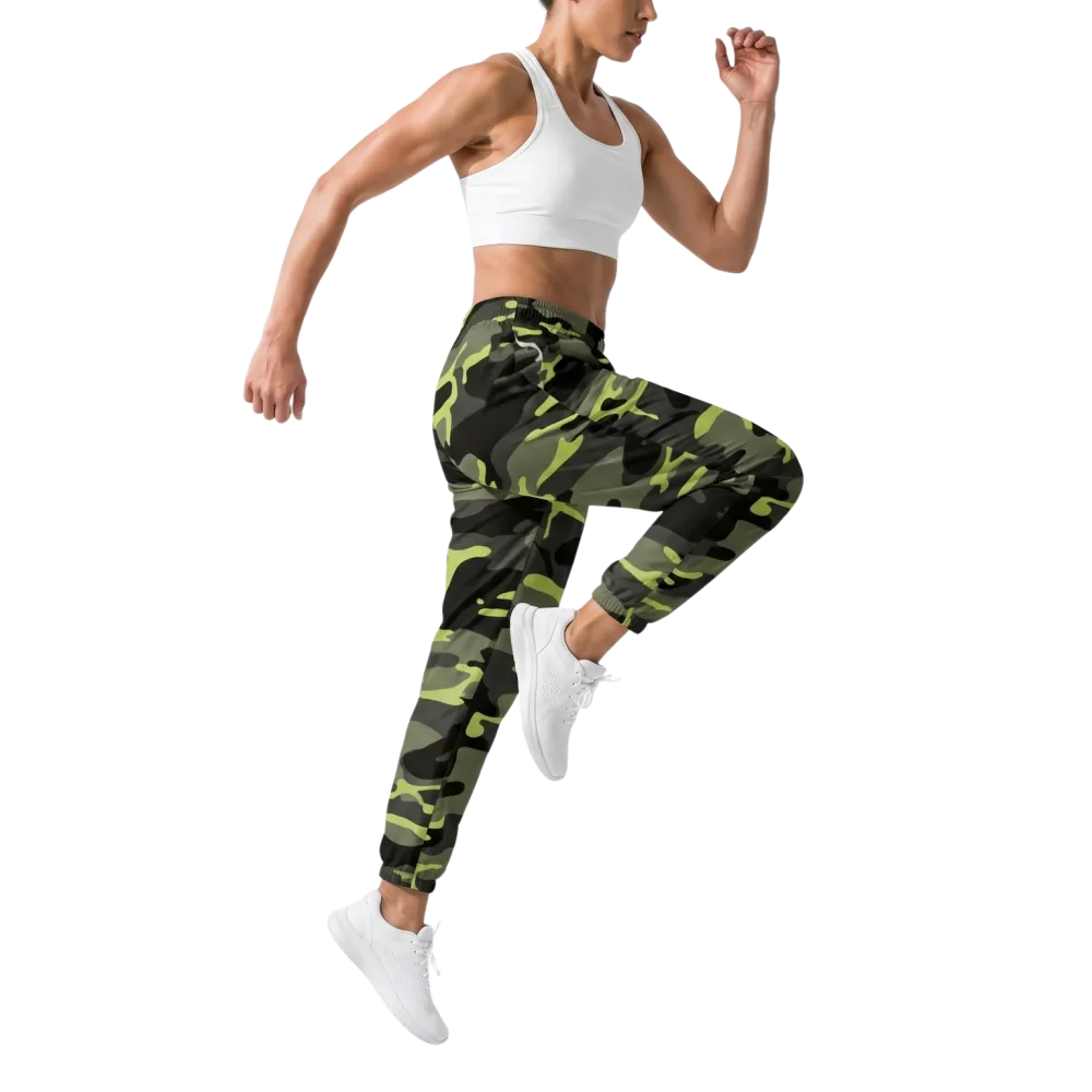 Grüne Camouflage Unisex Trainingshose aus Polyester, wasserabweisend, in XS bis 3XL, mit elastischem Bund und sportlichem Design