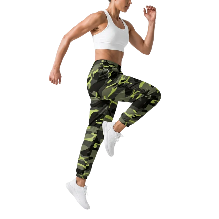 Grüne Camouflage Unisex Trainingshose aus Polyester, wasserabweisend, in XS bis 3XL, mit elastischem Bund und sportlichem Design