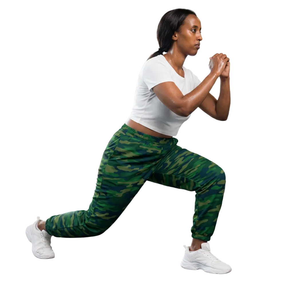 Grüne Camouflage-Unisex Trainingshose mit Mesh-Futter, Sporthose in XS bis 3XL von BUYATHOME24, bequemer Sport- und Freizeitlook