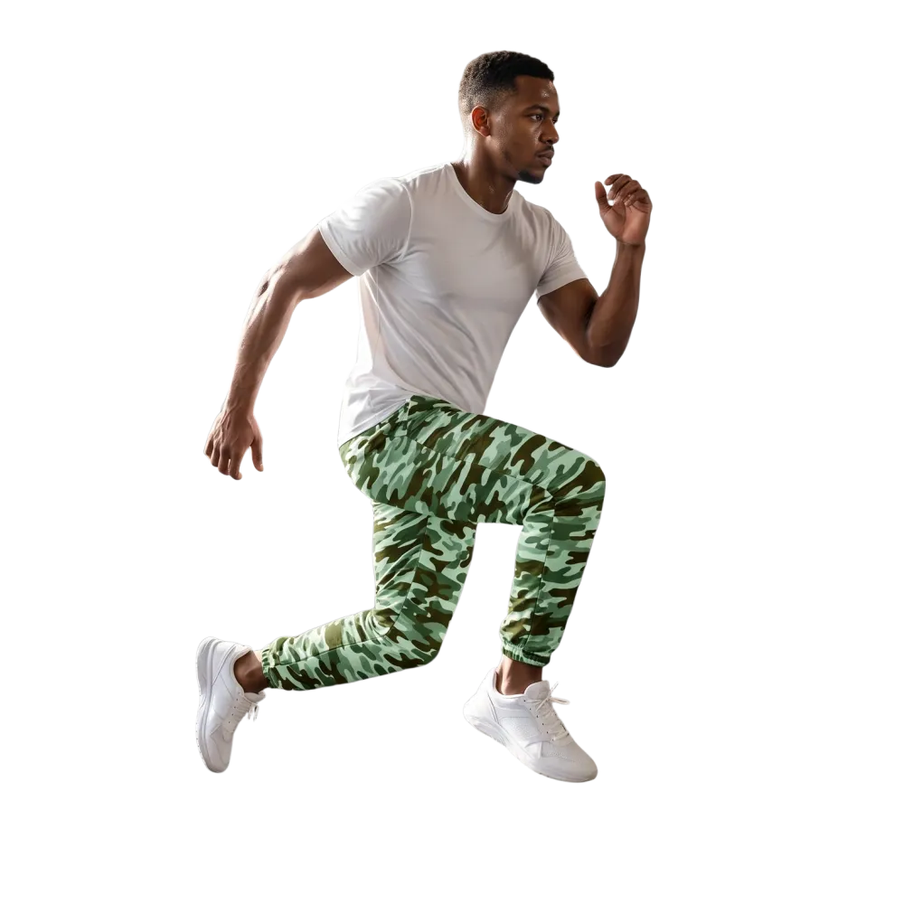 Grüne Camouflage Unisex Trainingshose von BUYATHOME24, wasserabweisend, sportlich, für Damen und Herren, in XS bis 3XL.