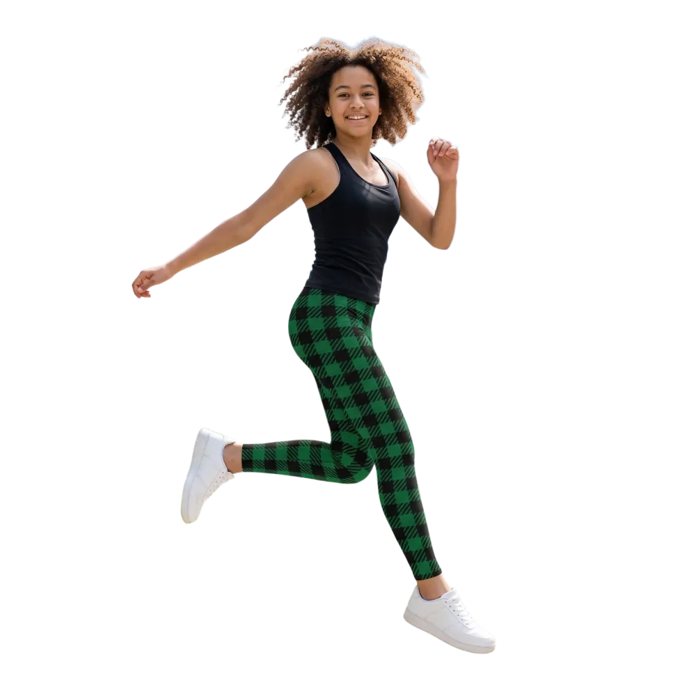 Unisex Kinder Sport-Leggings in grün-schwarz Karomuster, UV-Schutz, für Größen 134-170 cm, von BUYATHOME24.