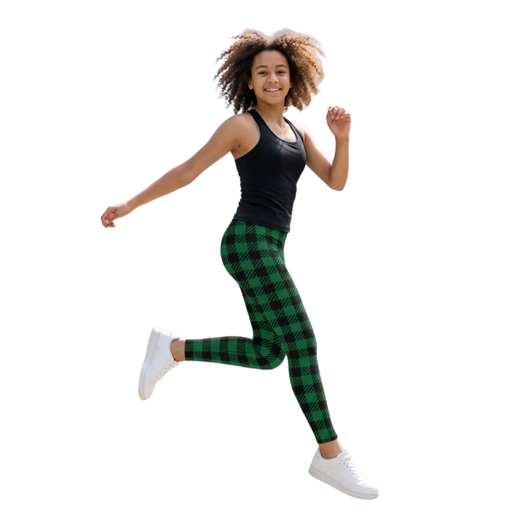 Unisex Kinder Sport-Leggings in grün-schwarz Karomuster, UV-Schutz, für Größen 134-170 cm, von BUYATHOME24.