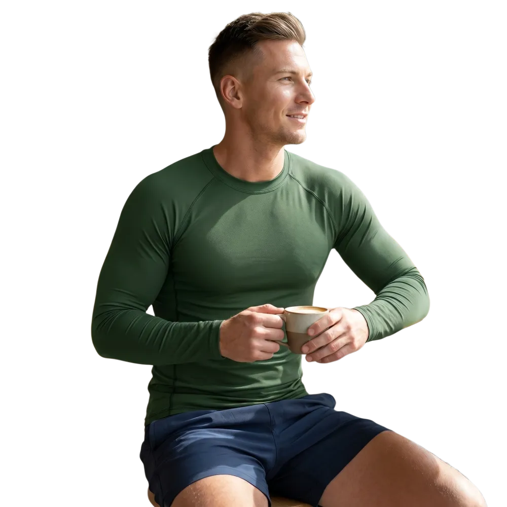 Unisex grünes Sportlaufshirt von BUYATHOME24, langarm, bedruckbar, UV-Schutz, für Herren, in XS bis 3XL.