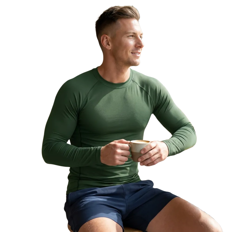 Unisex grünes Sportlaufshirt von BUYATHOME24, langarm, bedruckbar, UV-Schutz, für Herren, in XS bis 3XL.
