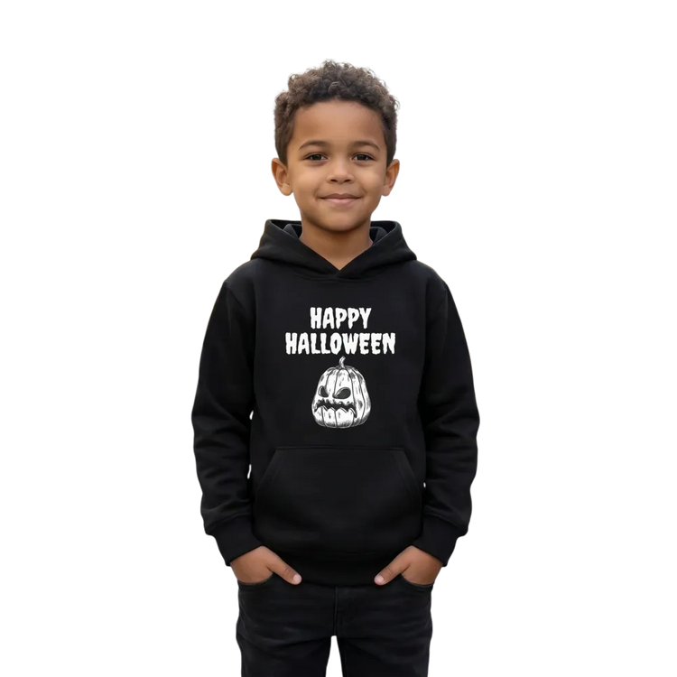 Grauer Kinder-Hoodie mit gruseligem Halloween-Motiv, unisex, für Kinder von 4 bis 12 Jahren, mit Kapuze und langen Ärmeln.