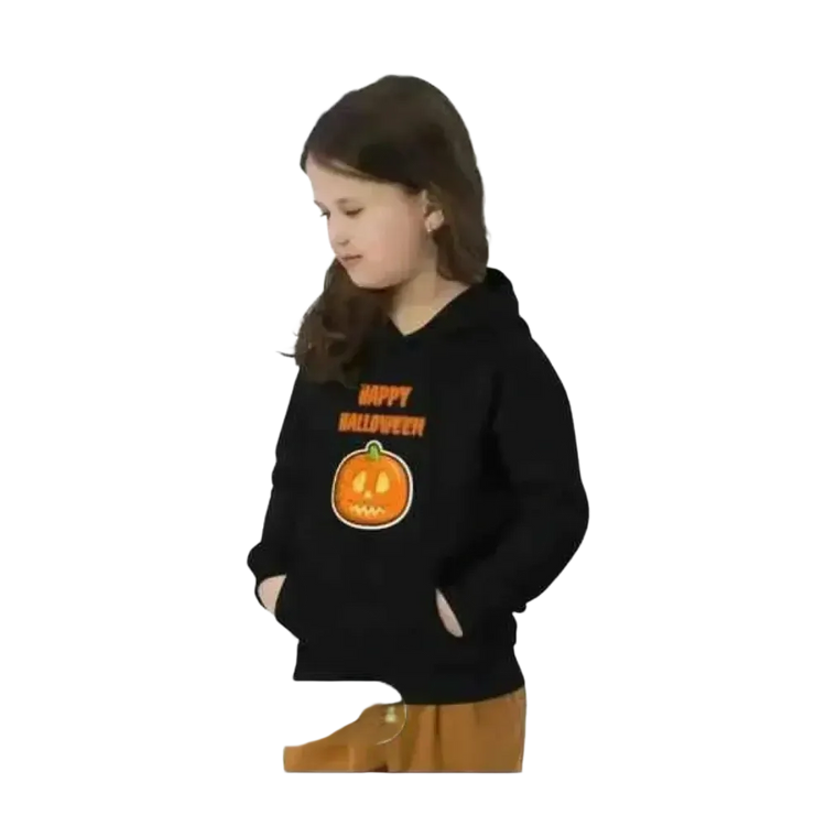 Grauer Kinder-Hoodie aus Baumwolle für Mädchen, Unisex Halloween Kapuzenpullover, bequem für 4-12 Jahre, mit Grafikdesign.