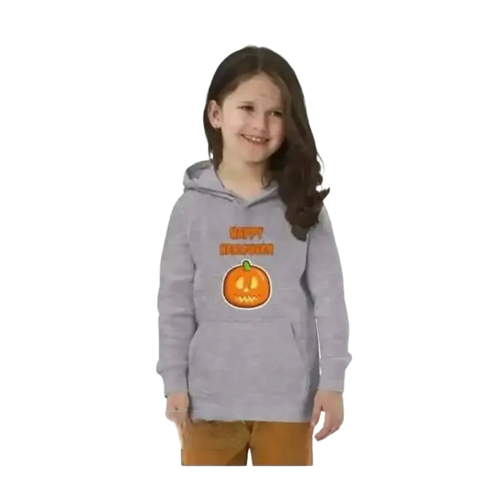 Grauer unisex Halloween Kapuzenpullover für Kinder von 4 bis 12 Jahre, aus Baumwolle, mit Grafikdesign.