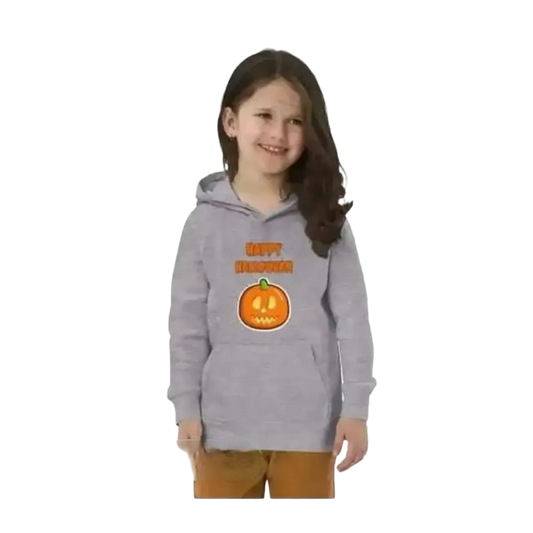 Grauer unisex Halloween Kapuzenpullover für Kinder von 4 bis 12 Jahre, aus Baumwolle, mit Grafikdesign.