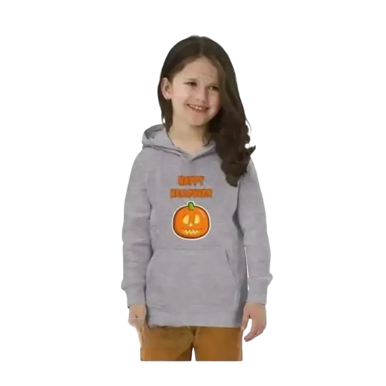 Grauer unisex Halloween Kapuzenpullover für Kinder von 4 bis 12 Jahre, aus Baumwolle, mit Grafikdesign.