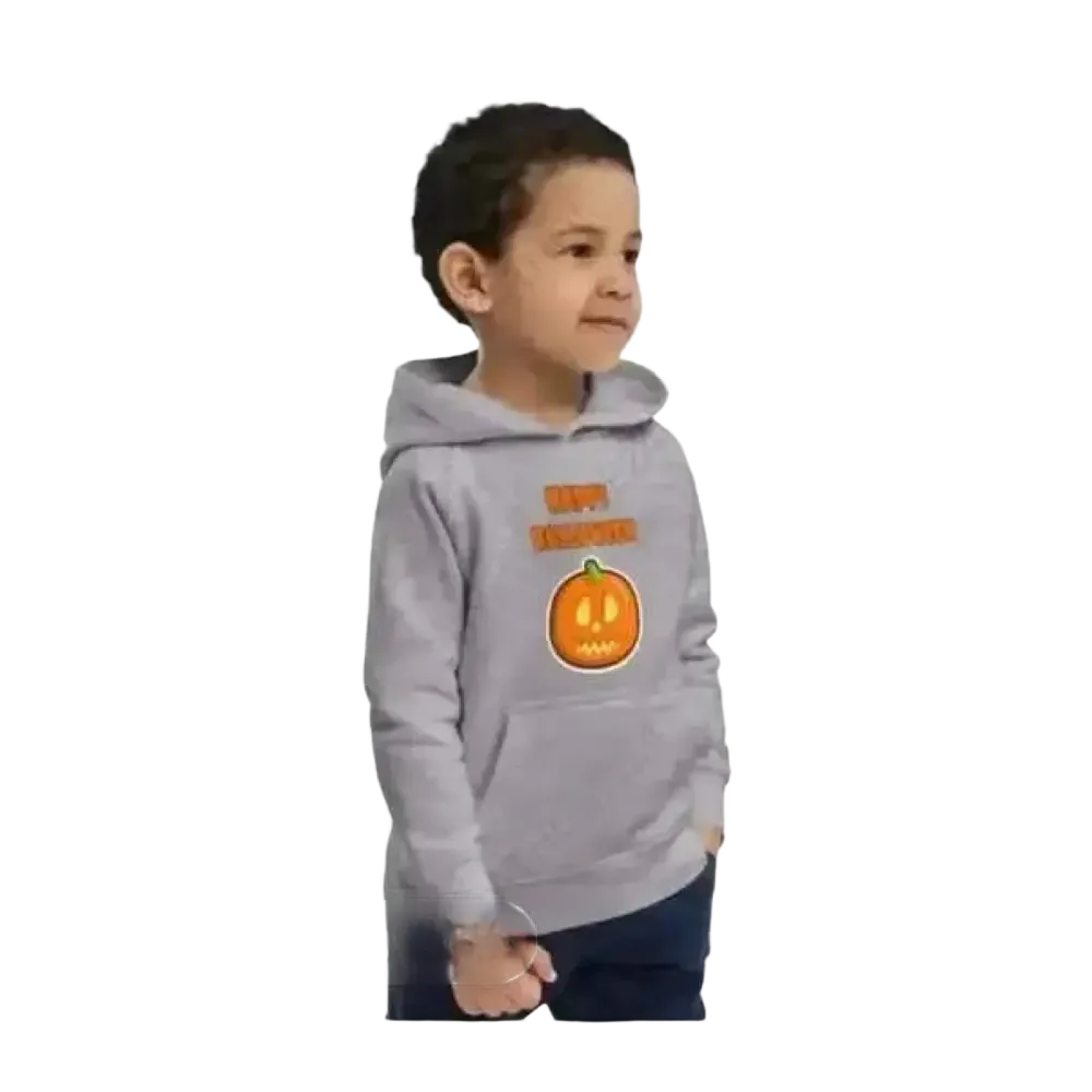 Junger Kinder-Hoodie aus Baumwolle mit Halloween-Grafik, unisex, personalisierbar, für Kinder von 4 bis 12 Jahren.