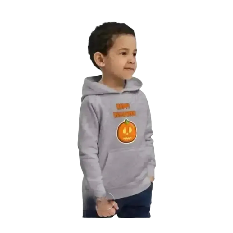 Junger Kinder-Hoodie aus Baumwolle mit Halloween-Grafik, unisex, personalisierbar, für Kinder von 4 bis 12 Jahren.