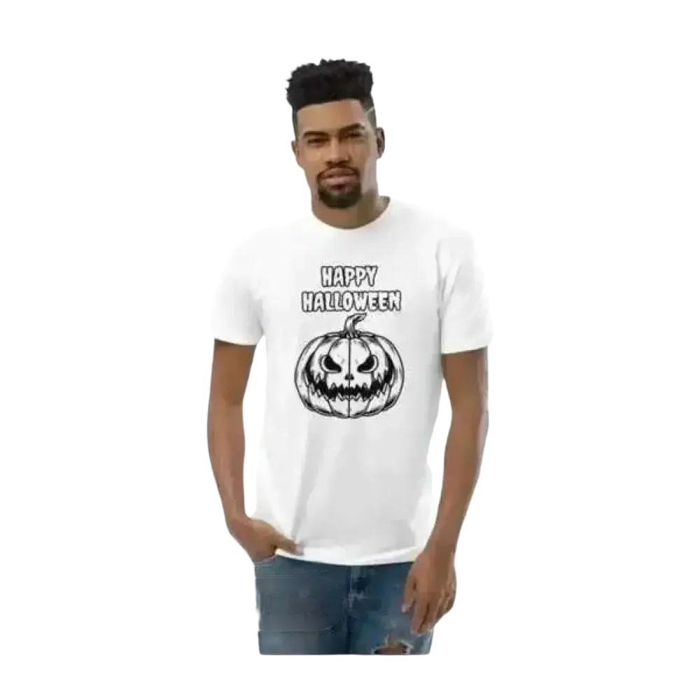 Herren Baumwoll-T-Shirt mit Halloween-Grafik, Unisex, in Weiß, erhältlich in XS bis 3XL, individuell bedruckbar, von BUYATHOME24