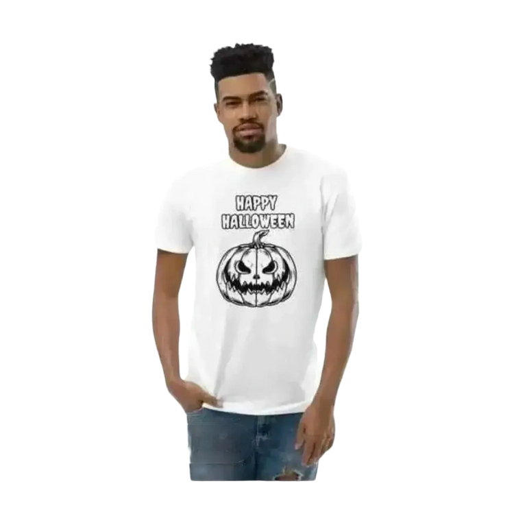 Herren Baumwoll-T-Shirt mit Halloween-Grafik, Unisex, in Weiß, erhältlich in XS bis 3XL, individuell bedruckbar, von BUYATHOME24