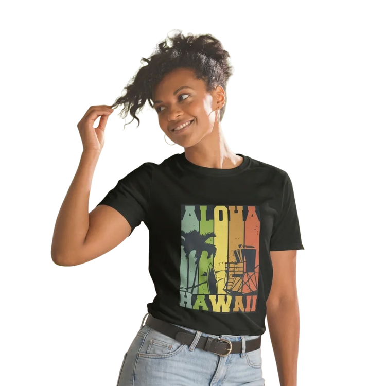 Hawaii Design Damen T-Shirt mit Rundhalsausschnitt und Grafik, Kurzarm, in den Größen S bis 3XL, von BUYATHOME24