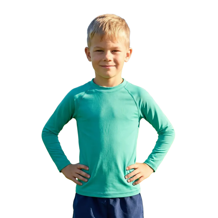 Kleines Kinder-Langarm-Sportshirt mit UV-Schutz und Elasthan, in verschiedenen Größen 92-128 cm, in fröhlichem Design.