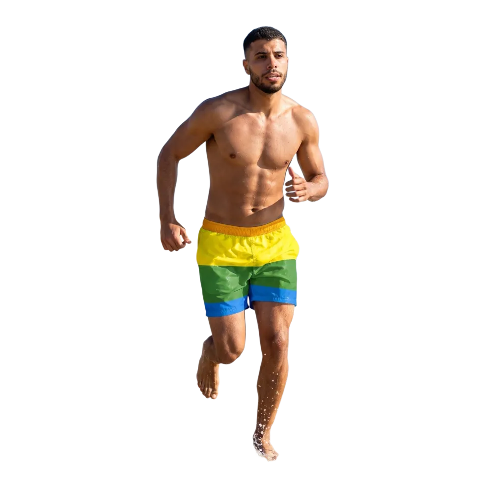 Herren Badehose von BUYATHOME24, Stretchshorts mit UV-Schutz 50+, in 2XS-6XL, personalisierbar, auf einem weißen Hintergrund.