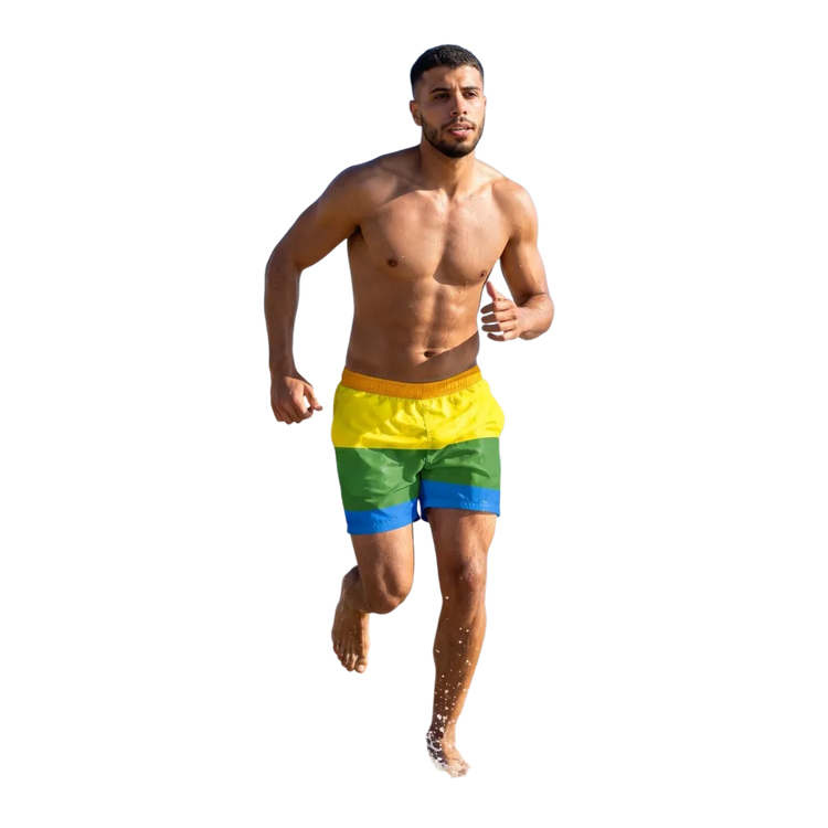Herren Badehose von BUYATHOME24, Stretchshorts mit UV-Schutz 50+, in 2XS-6XL, personalisierbar, auf einem weißen Hintergrund.