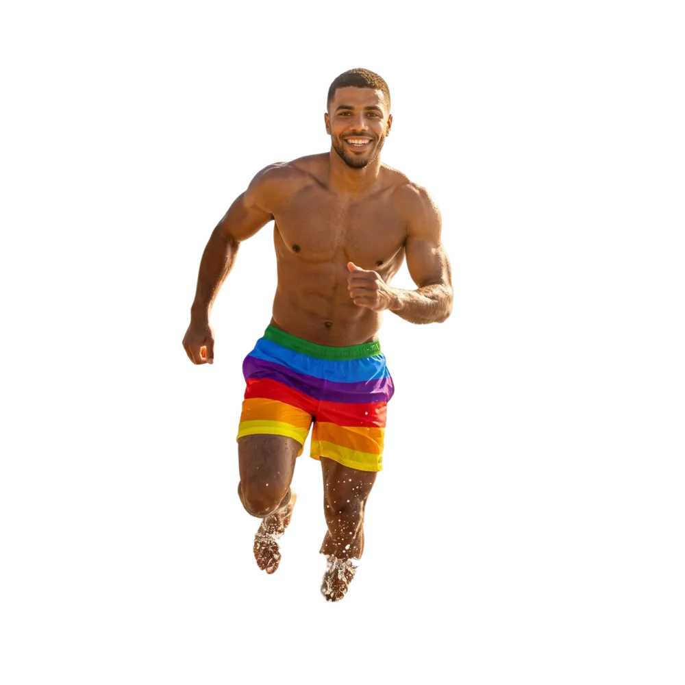 Herren Badehose von BUYATHOME24, Regenbogen-Design, Stretchmaterial, UV 50+, in Größe 2XS bis 6XL, legere Badeshorts