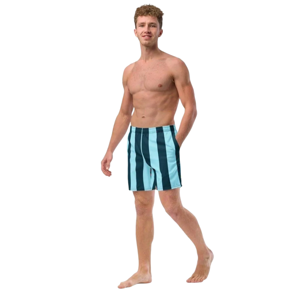 Blaue gestreifte Herren Badeshorts mit UV-Schutz 50+ aus Mikrofaser, verfügbar in 2XS bis 6XL, von BUYATHOME24.