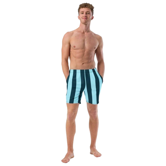 Blaue gestreifte Herren Badeshorts mit UV-Schutz 50+ aus Mikrofaser in 2XS-6XL von BUYATHOME24