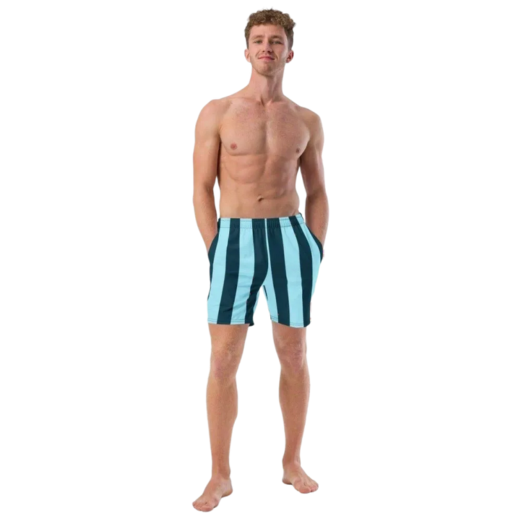 Blaue gestreifte Herren Badeshorts mit UV-Schutz 50+ aus Mikrofaser in 2XS-6XL von BUYATHOME24