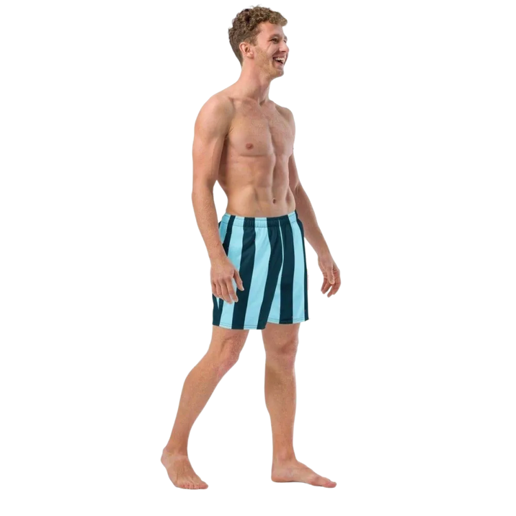 Blaue Herren Badeshorts mit Streifen und UV-Schutz 50+ aus Mikrofaser, verfügbar in den Größen 2XS bis 6XL.