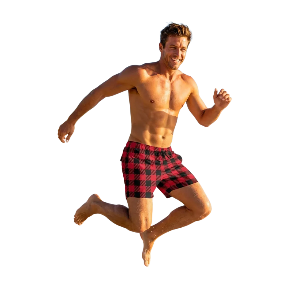 Herren Badeshorts in Rot Kariert aus Mikrofaser-Stretch mit UV-Schutz 50+, 2XS-6XL, mit elastischem Bund und seitlichen Taschen.