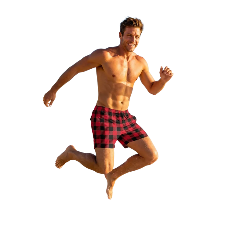 Herren Badeshorts in Rot Kariert aus Mikrofaser-Stretch mit UV-Schutz 50+, 2XS-6XL, mit elastischem Bund und seitlichen Taschen.