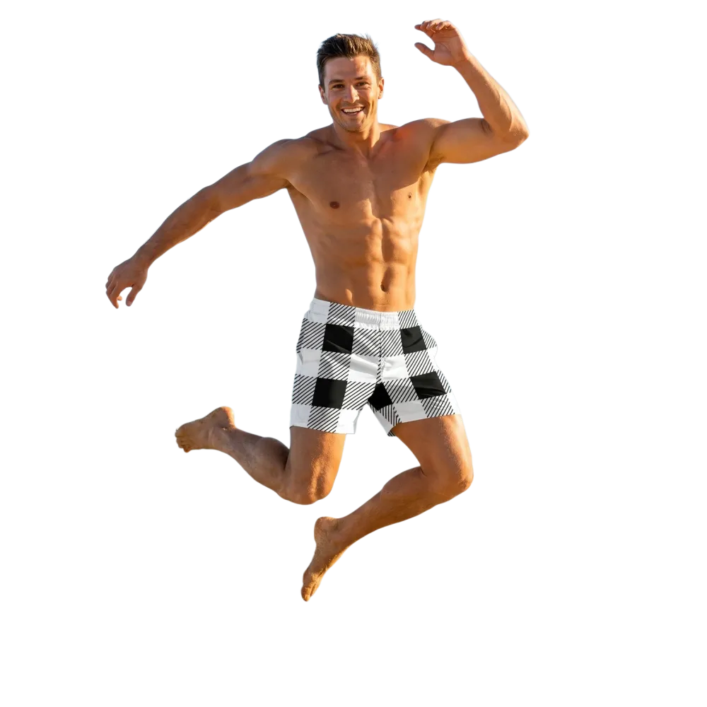 Schwarze und weiße karierte Herren Badeshorts, wasserabweisend, personalisierbar, in 2XS-6XL, von BUYATHOME24