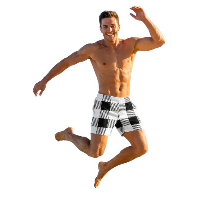 Schwarze und weiße karierte Herren Badeshorts, wasserabweisend, personalisierbar, in 2XS-6XL, von BUYATHOME24