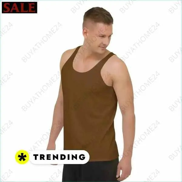 Unisex Sport Tanktop von BUYATHOME24, atmungsaktiv und elastisch, in XS bis 2XL, getragen von einem Mann, Textildruck sichtbar