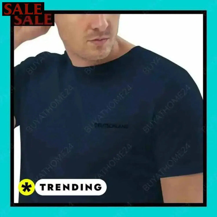 BUYATHOME24 unisex t-shirt in navy, short-sleeve, side profile view