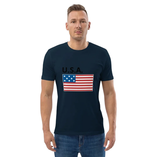 Grafik Unisex T-Shirt mit US-Flagge aus Baumwolle, in French Navy, in den Größen S bis 5XL, bedruckbar, von BUYATHOME24