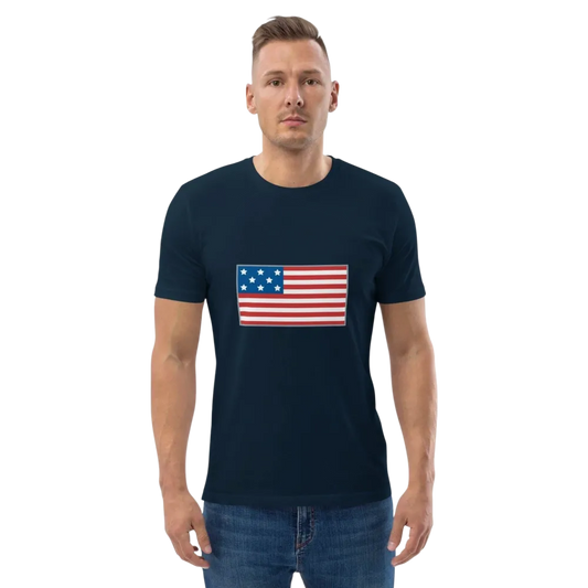 Unisex T-Shirt mit USA-Flagge Grafik aus Baumwolle, in French Navy, erhältlich in S bis 5XL, von BUYATHOME24.