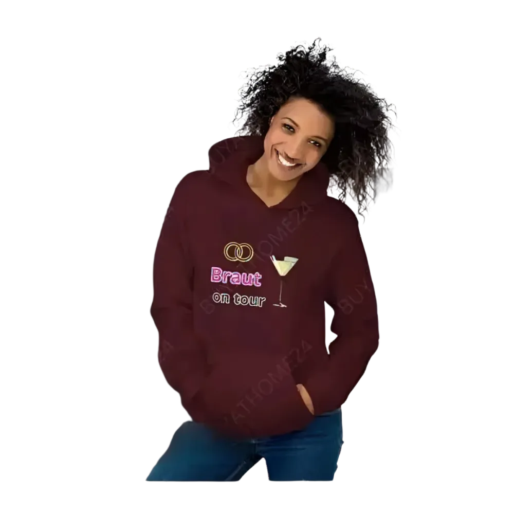Grafik Damen Hoodie von BUYATHOME24, Hochzeit Kapuzenpullover für Damen, in verschiedenen Größen, mit Braut-Design.