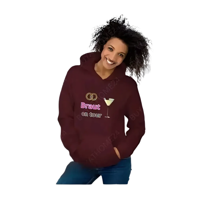 Grafik Damen Hoodie von BUYATHOME24, Hochzeit Kapuzenpullover für Damen, in verschiedenen Größen, mit Braut-Design.