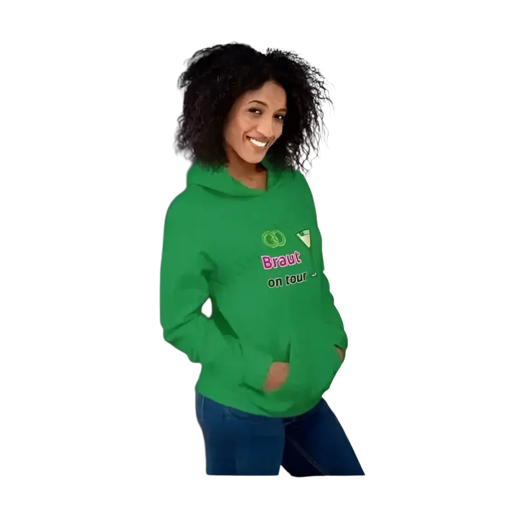 Grafik Damen Hoodie von BUYATHOME24, Hochzeits-Kapuzenpullover für Frauen, in verschiedenen Größen, mit Braut-Design.