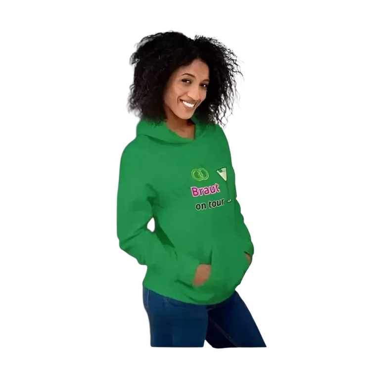 Grafik Damen Hoodie von BUYATHOME24, Hochzeits-Kapuzenpullover für Frauen, in verschiedenen Größen, mit Braut-Design.
