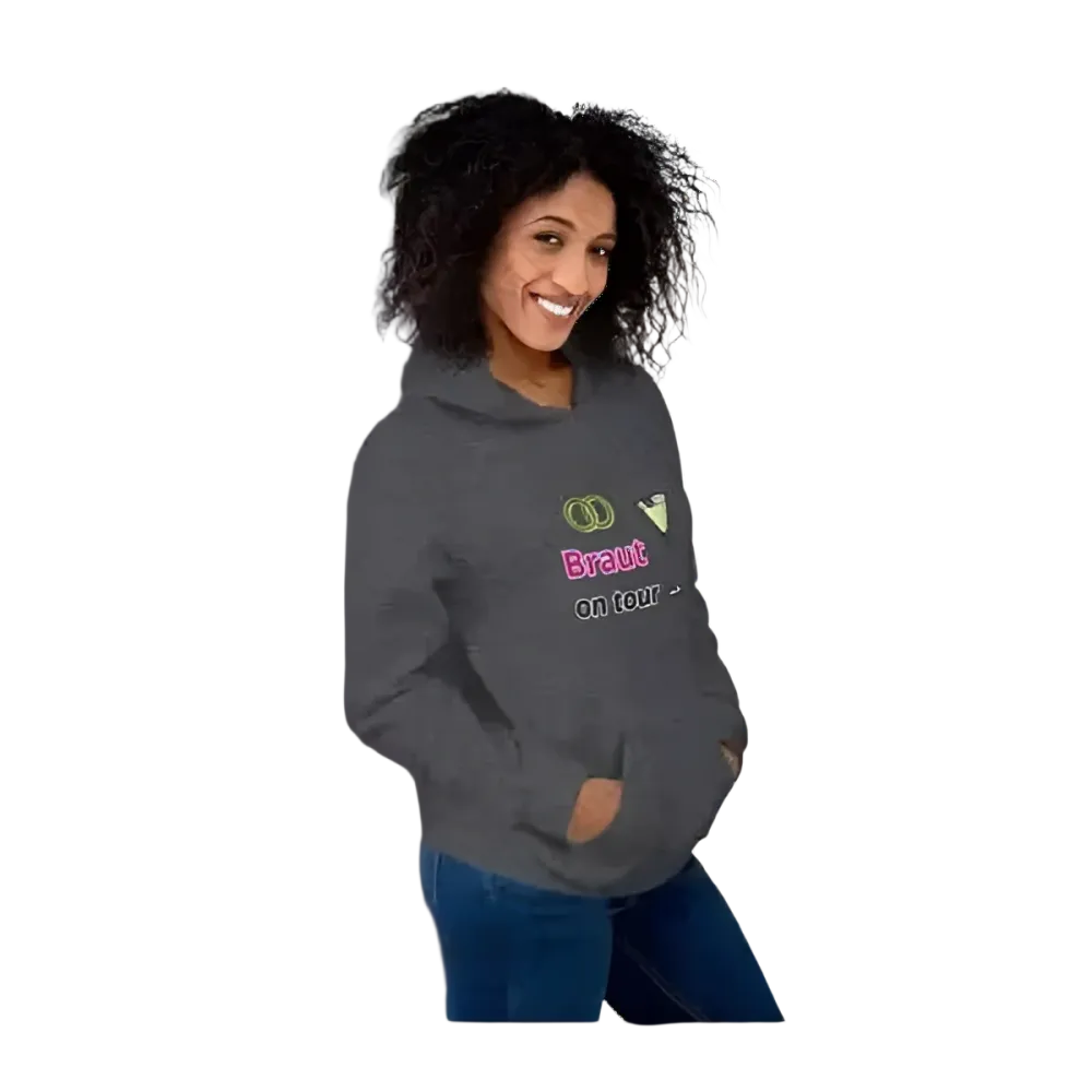 Grafik Damen Hoodie Hochzeit mit Kapuze, in verschiedenen Größen, braun mit Hochzeitsmotiv, von BUYATHOME24 für Junggesellinnenabschied