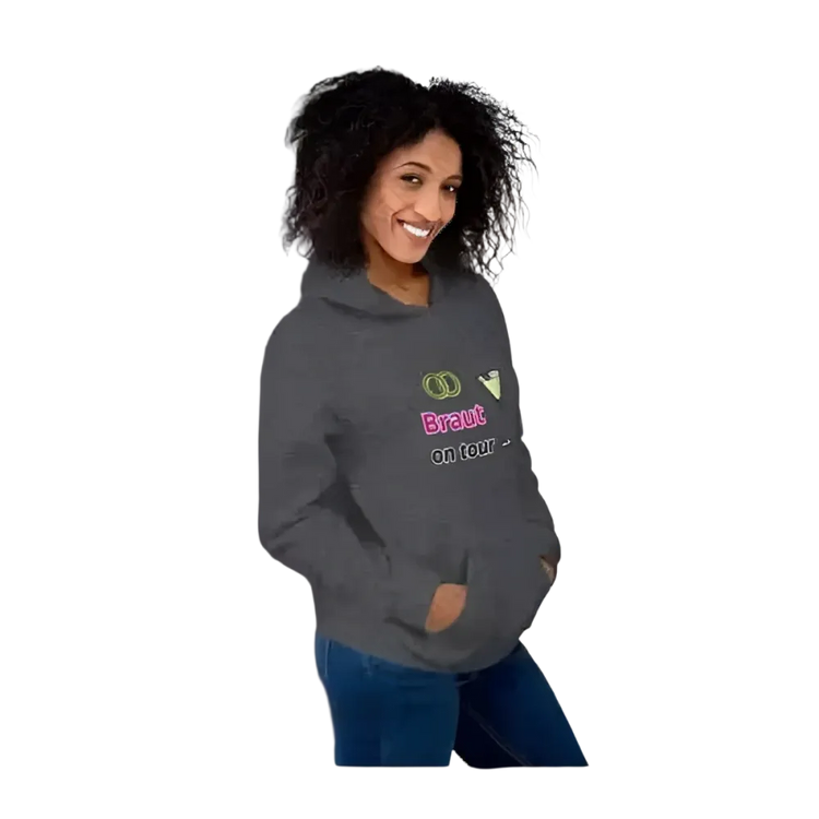 Grafik Damen Hoodie Hochzeit mit Kapuze, in verschiedenen Größen, braun mit Hochzeitsmotiv, von BUYATHOME24 für Junggesellinnenabschied
