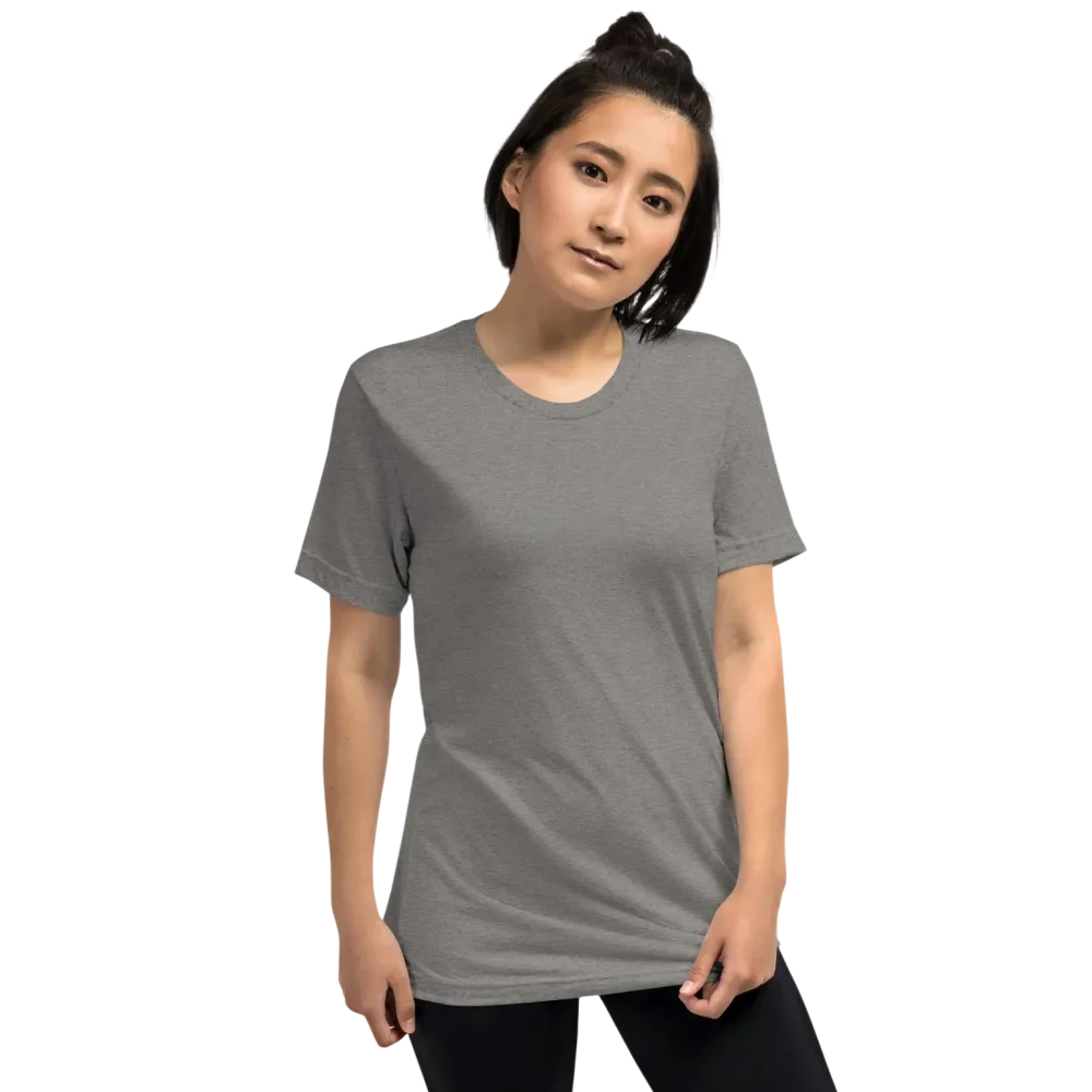 Graues Damen T-Shirt mit Kaffee-Spruch Grafik, Unisex-Triblend-Design, bequemes Basic-Shirt in XS bis 4XL.