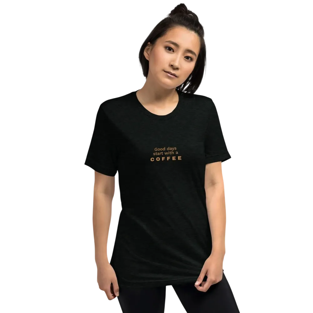 Schwarzes Damen T-Shirt mit Kaffee Spruch Grafik, unisex Tri-Blend, bequemes Basic Shirt in XS bis 4XL